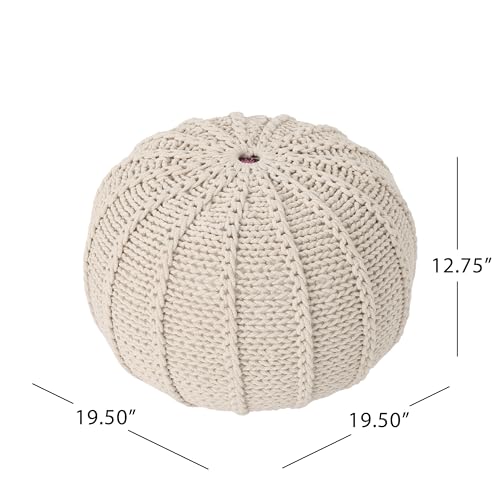 Round Boho Pouf Ottoman - Cable Knitted Cord Boho Pouffe - Stuffed Poof Accent Beanbag Footrest for Living Room - Nursery - Bedroom - Covered Patio - Study Nook (20"x20"x13") (Beige) - color: Beige