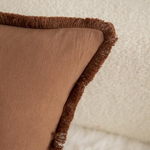MANDIOO Set of 2 Neutral Cotton Fringe Throw Pillow Covers Decorative Boho Farmhouse Cushion Covers Cozy Tassels Pillowcase for Couch Sofa Bedroom Living Room Home Decor 16x16 Inch Brown - color: Brown, size: 16" x 16" (Pack of 2)
