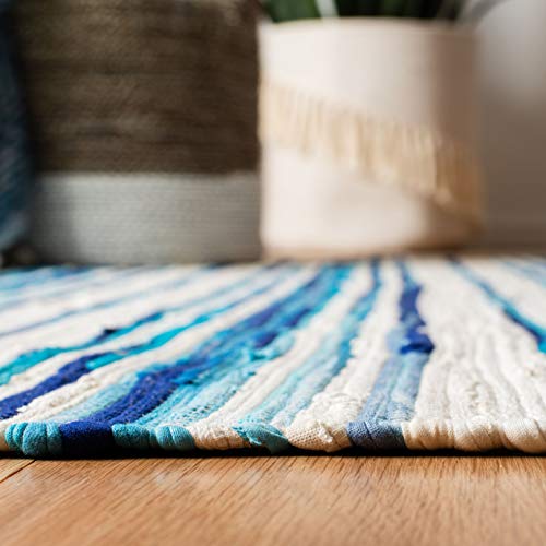SAFAVIEH Rag Rug Collection Accent Rug - 2' x 3', Ivory & Blue, Handmade Boho Stripe Cotton, Ideal for High Traffic Areas in Entryway, Living Room, Bedroom (RAR126B)