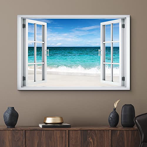 wall26 Canvas Print Wall Art Window View Teal Tropical Blue Ocean Shore Horizon Wilderness Nature Photography Realism Scenic Landscape Colorful Multicolor for Living Room, Bedroom, Office - 12"x18" - color: A001-2204-irs15, size: 18"L x 12"W