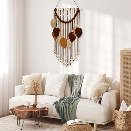 Weldomcor Macrame Wall Hanging Boho Leaf Woven Tapestry, Bohemian Chic Home Decor Modern Handmade Leaves Feather Wall Art Decorations for Bedroom Living Room Apartment Ornament 16.5"W X 31.5"L (Khaki Brown) - color: Khaki Brown