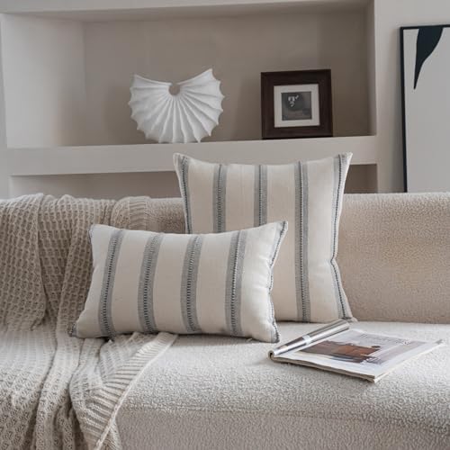 Cethom Boho Throw Pillow Covers 12x20 Set of 2, Grey Striped Decorative Pillow Cases for Couch Chair Bed, Textured Farmhouse Modern Accent Cushion Covers for Living Room Bedroom Sofa Home Decor - color: Grey, size: 20" x 12" (Pack of 2)