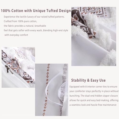 Herside Light Brown 100% Cotton Boho Duvet Cover Set Queen Size, 3-Piece Tufted Textured Modern Boho Moroccan Bedding, Aztec Geometric Farmhouse Comforter Cover with 8 Corner Ties & Double Zipper - color: Light Brown, size: Queen(No Comforter)