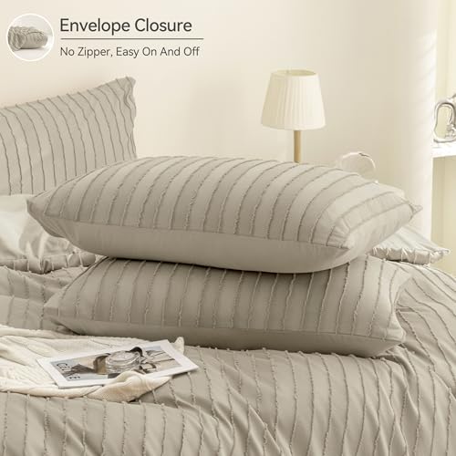 JELLYMONI Duvet Cover Queen Size Khaki - 3PCS Boho Striped Duvet Cover Set Polyester Tufted Bohemian Textured Comforter Cover 90×90in with Corner Ties & Zipper and 2 Pillowcases - color: Khaki-striped, size: Queen(90"×90")
