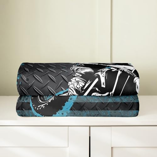 Motorcycle Bed Blanket Kids Girls Dirt Bike Flannel Blanket Soft Cozy Lightweight Blue Graffiti Plush Fleece Blankets Gifts for Couch Bed Office Sofa(40x50 Inches) - color: Black Blue, size: 40"×50"
