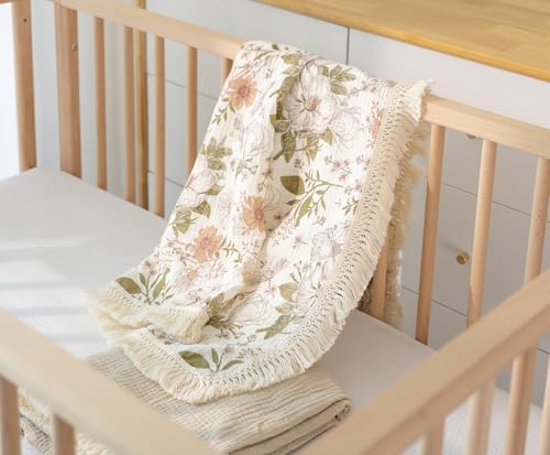 Little Jump Cotton Muslin Swaddle Blankets with Tassel, Boho Bohimia Muslin Baby Blanket Neutral with Fringe, Vintage Teddy Bear Nursery Decor Muslin Throw Blanket 47" x40" (Vintage Blossom) - color: Vintage Blossom