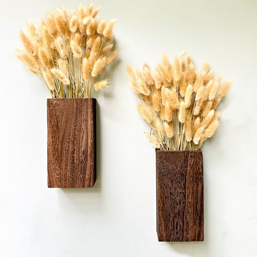 LaLaGreen Wood Wall Planters (8 Inch, 2 Pack) Include Bunny Tails Dried Flowers, Hanging Planter Wooden Box Vase for Indoor Modern Rustic Farmhouse Decor Home Living Room Bathroom Trendy Decoration - color: Bunny Tail Original