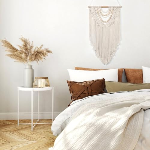 LOMOHOO Macrame Wall Hanging Boho Handmade Geometric Woven Tapestry Bohemian Wall Art Decor with Chic Wooden Beads Home Decor for Bedroom Living Room Apartment Dorm Gallery Wedding 16.5"x30" - color: Beige