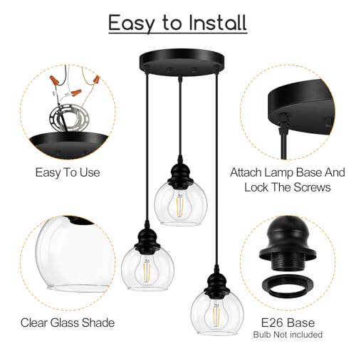 3-Light Pendant Light, Globe Cluster Hanging Light with Clear Glass Shade, Matte Black Pendant Lighting Adjustable Hanging Height Industrial Ceiling Light for Kitchen Island Bedroom(E26 Base,No Bulb) - size: 3Light - D 5.12 IN