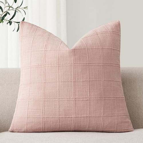 Foindtower Set of 1 Decorative Linen Check Throw Pillow Cover Neutral Farmhouse Vintage Cushion Cover Modern Coastal Boho Accent Home Decor for Sofa Chair Couch Bed Living Room,16×16 Inch,Light Pink - color: Light Pink, size: 16" x 16" (Pack of 1)