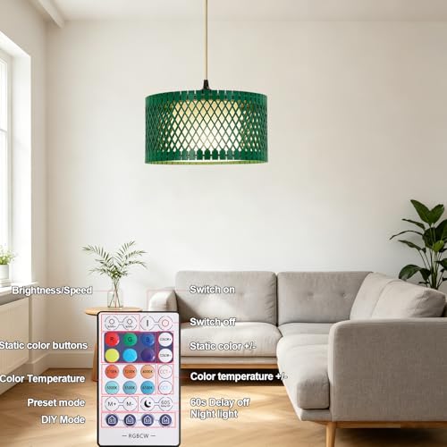 ZSLAIFU Hanging Lamp Plug in Pendant Light, 15FT Hanging Lights with Plug in Cord, Hanging Light with Bulb and Remote, Wood Shade Hanging Lamps for Bedroom, Living Room, Kitchen, Farmhouse(Green) - color: Green Wood - White Shade