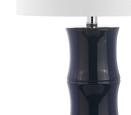 JONATHAN Y 26.5" Navy Blue Ceramic Table Lamp for Living Room, Bedroom Nightstand, White Linen Drum Shade, Bamboo Design Modern Bedside Desk Lamp with LED Bulb Included JYL3015A - color: Navy