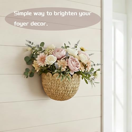 Hanging Wall Basket, Handwoven Water Hyacinth Scalloped Basket, Decorative Wall Organizer and Planter for Entryway Mail Plants Bathroom, Natural Color, 16" D x 10" W x 7" H