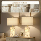 Scenekoy Alabaster Table Lamp Set of 2 with Night Light for Bedroom Living Room, 23" Rotary Switch Bedside Lamp with Linen Shade, Modern Nightstand Lamps for Room Office Dorm (Bulb Included) - color: White