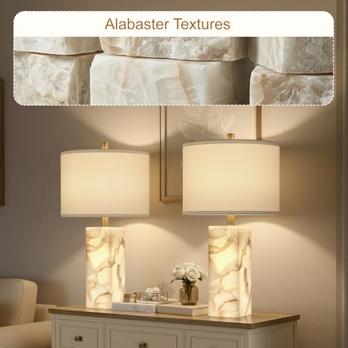 Scenekoy Alabaster Table Lamp Set of 2 with Night Light for Bedroom Living Room, 23" Rotary Switch Bedside Lamp with Linen Shade, Modern Nightstand Lamps for Room Office Dorm (Bulb Included) - color: White