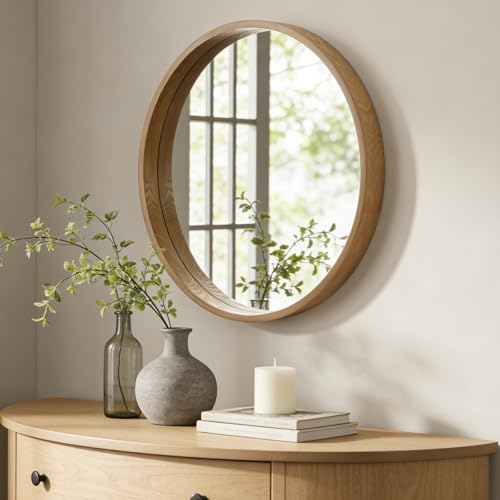 WallBeyond 28 Inch Natural Round Wood Mirror, Large Circle Wooden Frame Wall Mirror for Bathroom, Living Room, Bedroom, Entryway - color: Natural, size: 28"L x 28"W