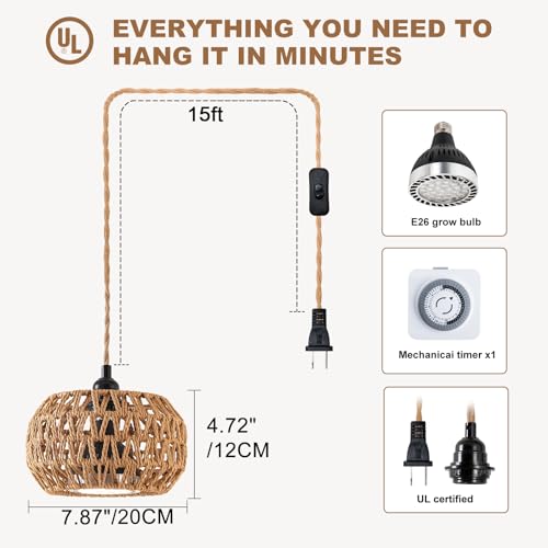 Hanging Grow Light, 30W LED Lamp with Timer for Indoor Plants | 4000K LED plant lamp with 15 ft cord, outlet timer, and boho paper rope shade for succulents, herbs, and low-light rooms. - color: Lantern