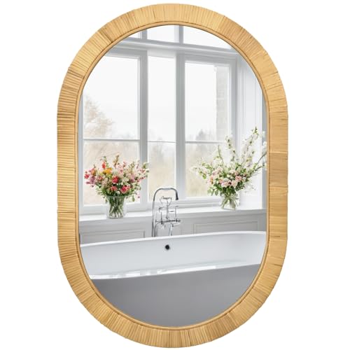 FUIN Handcrafted Rattan Oval Wall Mirror 20x30 – Natural Woven Wicker Frame for Boho Living Room & Entryway – High-Definition Shatter-Resistant Mirror – Vertical or Horizontal Biophilic Home Decor