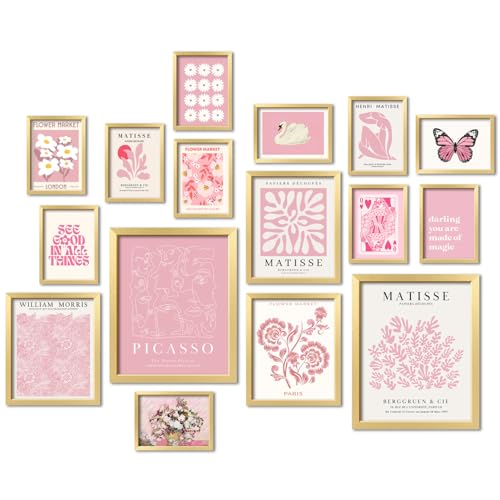 ANERZA 16 PCS Framed Pink Wall Art Decor, Matisse Wall Prints for Bedroom, Gallery Wall Frame Set, Minimalist Posters for Living Room Aesthetic, Collage Kit, Teen Girls Dorm Home Artwork - color: Pink, size: 12"x15" Framed