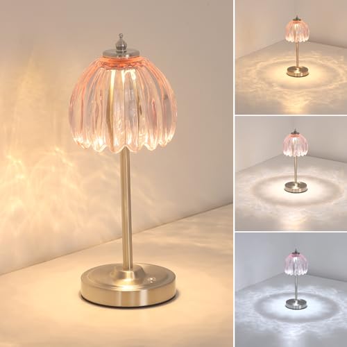 Shenmoyl Tulip Table Lamp with 5200mAh Battery & Touch Control, Cordless Small Table Lamp with 3 Colors, Dimmable Rechargeable Table Lamps for Living Room, Bedroom, Desk, Bedside (Clear Pink Tulip) - color: Clear Pink, size: 1 Pack