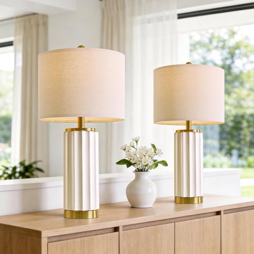 USumkky 25.75" Off-White Ceramic Table Lamp Set of 2, Mid Century Modern Bedside Nightstand Lamps for Bedroom Living Room, Linen Shade & Gold Metal Base, Rotary Switch E26 (Bulbs Excluded) - color: 25.75" Fluted Column-2 Pack
