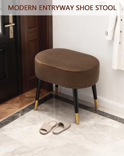 LITZFUR Vanity Stool Chair for Makeup, Pu Leather Oval Footrest, Vintage Rivet Ottoman Bench with Metal Legs, Dressing Stool for Batheroom, Living Room, Entryway, Brown - color: Brown