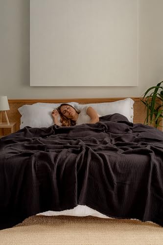 Muslin Blanket - Pure 100% Turkish Cotton Airy Soft Light Versatile Gauze Throw Blanket for Bed, Couch, Sofa (Black, Queen XL Size (95" x 95" inch)) - color: Black, size: Queen XL Size ( 95" x 95" inch )