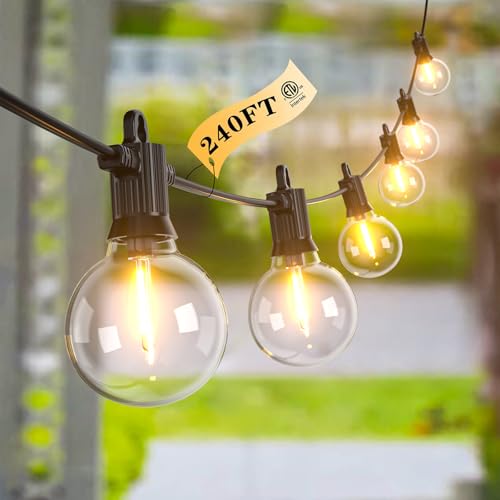Kawaya 240FT Outdoor Lights String LED Patio Light Waterproof Dimmable G40 Globe String Lighting for Outside with 120+4 Blubs Shatterproof Hanging Lights for Porch Bistro Backyard Gazebo Balcony Cafe - size: 2×120FT