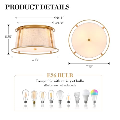 VILUXY Gold Semi Flush Mount Ceiling Light Fixture, 13’’ Modern Close to Ceiling Lights with Beige Fabric Linen Drum Shade 3-Light Round Ceiling Lamp for Bedroom Hallway Nursery Kids Room Entryway - color: Beige & Rattan