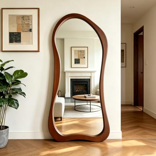 Large Irregular Mirror, 63"x30" Organic Floor Mirror with Solid Wood Frame, Asymmetrical Aesthetic Mirrors for Entryway Hallway Bedroom Cloakroom Living Room, Leaning/Wall-Mounted - color: Walnut Wood Frame, size: 63"L x 30"W