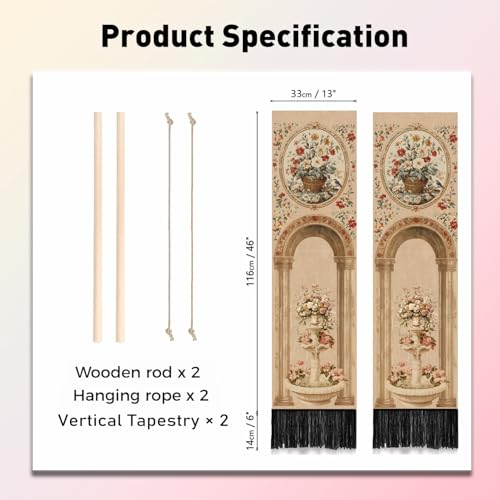 PLIGREAT 2 Pack Vintage Bouquet Tapestry Vertical Art European Style Column Wall Hanging with Tassels Aesthetic Wall Tapestry for Bedroom Bathroom Living Room Long Narrow Home Art Decor - color: pink,brown
