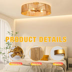 24" Natural Rattan Ceiling Light, Semi Flush Mount Gold Ceiling Light Fixture, 5-Light Boho Chandelier Antique Brass Brush Paint Farmhouse Lamp Fixture for Bedroom Living Room Kitchen Island