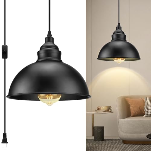 Plug in Pendant Light, 15FT Hanging Lights with Plug in Cord, On/Off Switch, Industrial Pendant Light with Plug in Cord, Metal Hanging Lamps for Living Room, Kitchen, Dining Room, Bedroom - color: Black