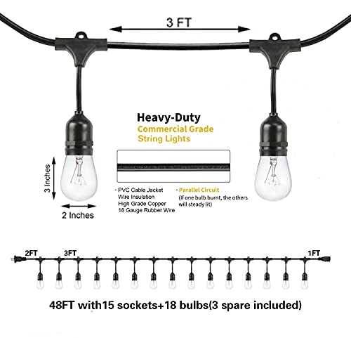 SUNTHIN 2 Pack 48FT Outdoor String Lights,Hanging Incandescent String Lights Commercial Grade Waterproof Patio Light Outside with Dimmable Connectable Edison Glass Bulbs for Bistro,Party,Holiday Decor - color: Black, size: 96FT