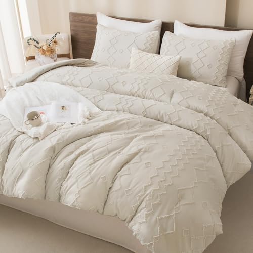 Andency Beige Tufted Comforter Set Full(79x90Inch), 3 Pieces(1 Boho Comforter, 2 Pillowcases) Textured Farmhouse Bed, Soft Down Alternative Geometric Bedding Set - color: 04 - Beige, size: Full (79"x90")