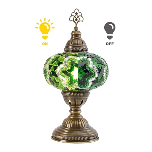 Turkish Lamp, Mosaic Table Lamp, Antique Moroccan Decorative Glass Bohemian Vintage Lamp Shade, Small Desk Tiffany Bedside Stained Glass Lamp with US Plug and E12 Socket - color: Green-9