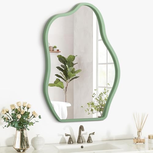 Asymmetrical Large Mirror Irregular Modern Mirror for Wall Decor Wooden Framed Hanging Wall Mirror Unique Shape Vanity Cloud Mirrors Decorative for Bedroom Bathroom Living Room Entryway - color: Olive, size: 26"L x 18"W