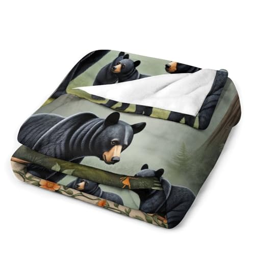 Fantasy Black Bear Forest Tree Flower Super Soft Throw Blanket, Mystical Fairy Green Flannel Fleece Decorative Throw for Sofa Couch Bedroom Decor Outdoor Use 40"x50" - color: Fantasy Black Bear Forest Tree Flower, size: 40"x50"