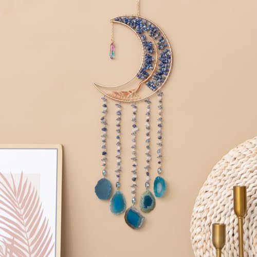 Agate Moon Dream Catchers with Crystal 7 Chakra Gemstone Dream Catchers Color Natural Gem Agate Wall Hangings Room Garden Dreamcatchers Decor (Lake Blue) - color: Lake Blue