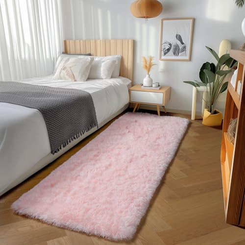 ONASAR Pink Runner Rugs for Bedroom Living Room, 2x6 Bedside Hallway Fluffy Area Rug, Ultra Soft Plush Furry Faux Fur Non Slip Floor Carpet for Nursery Kids Dorm Closet Home Decor Aesthetic - color: Light Pink, size: 2' x 6' (Runner)