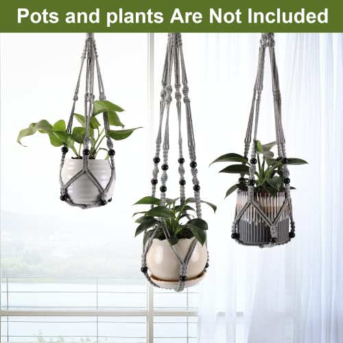 3-Pack Macrame Plant Hanger Indoor - Hanging Planter Basket for Indoor Outdoor - Decorative Boho Plant Holders Set with Beads - Ceiling Flower Pot Holder with 6 Hooks - 35"/30"/24" Gray - color: Gray