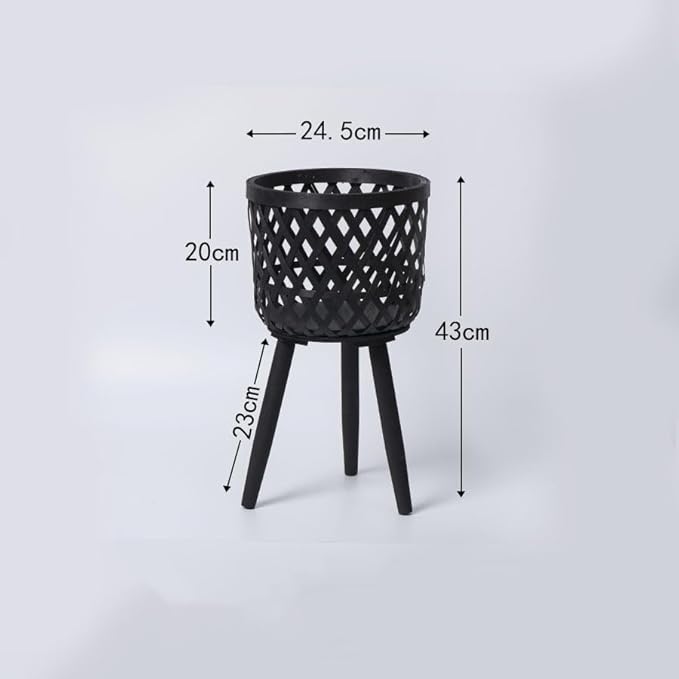 Nordic Style Rattan Flower Pot Indoor Balcony Living Room Plant Green Flowers Hand-Woven Wooden Tall Floor Flower Stand (Black, 9.7x17inch(24.5x43cm))
