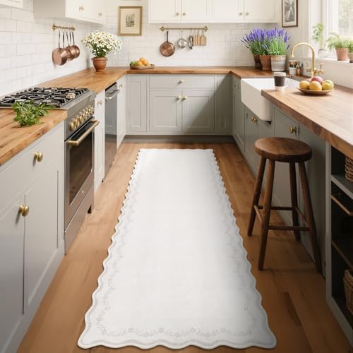 GarveeHome 2.5x8 Scalloped Washable Runner Rug for Kitchen, Soft Neutral Beige Long Hallway Runner Non Slip Entryway Rug Farmhouse Thin Laundry Mat Stain Resistant Carpet for Bathroom Beside Rug - color: Beige, size: 2'6" x 8' (Rectangular)
