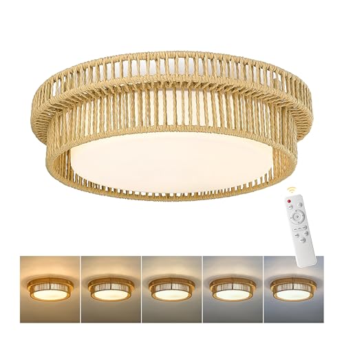 Boho Light Fixtures Ceiling 15W LED, HWH 13'' Woven Rattan Flush Mount Ceiling Light, Handwoven Twine Cage Light Fixtures 5CCT, 5HYS78F-LED - color: Beige, size: 13 Inch