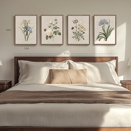Framed Vintage Botanical Wall Art, 4 Piece Rustic Floral Painting Canvas Prints for Living Room Bedroom Dining Room Kitchen Hallway, Flower Butterfly Pictures for Farmhouse Wall Decor, 12x16 Inch - color: Floral - Walnut Framed, size: 12" W x 16" H x 4pcs