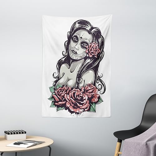 Ambesonne Gothic Tapestry, Sugar Skull Inspired Makeup Lady and Romantic Ethnic Roses Concept Mexican Culture Illustration Print, Wall Hanging for Bedroom Living Room Dorm Decor, 40" X 60", Black Pink - color: Black Pink, size: 60"L x 40"W