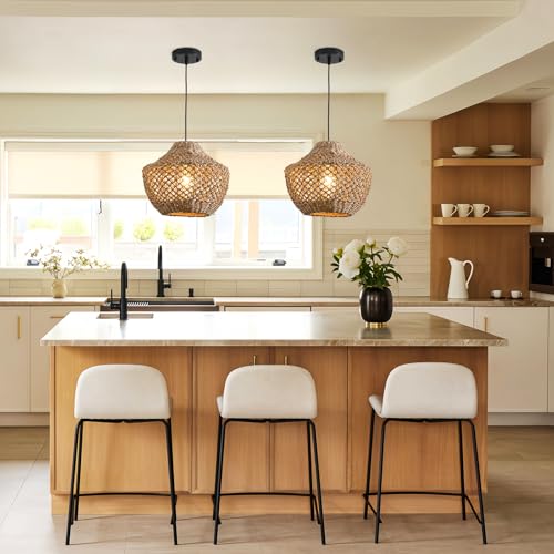 2-Pack Rattan Pendant Light, 11.81" Boho Pendant Light Rattan Chandelier Handmade Woven Wicker Rattan Hanging Chandelier for Farmhouse Dining Room Bedroom Hallway Kitchen Island - color: Brown rattan, size: 2 -pack 11.8in