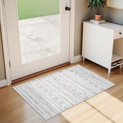 Tortania Area Rug Living Room Rugs - 2x3 Washable Soft Neutral Boho Moroccan Farmhouse Mat Indoor Floor Carpet for Bedroom Under Dining Table Home Office Decor - Ivory Gray - color: Ivory Gray, size: 2' x 3' (Rectangular)