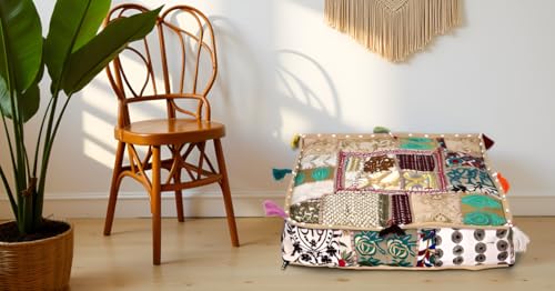 CRAFT KALA Indian Square Patchwork Traditional Pouf Cover Indian Living Room Poufs Decorative Embroidered Designer Ottoman Home Living Footstool Chair Cover Decor Pillow Cover 18x18x5 inches, Camel - color: Camel, size: 18"D x 18"W x 5"H