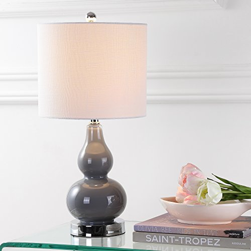 JONATHAN Y 20.5" Gray Glass Table Lamp, Modern Gourd Bedside Nightstand Lamp for Bedroom, Living Room, White Linen Shade, LED Bulb Included JYL1028A - color: Gray, size: Single